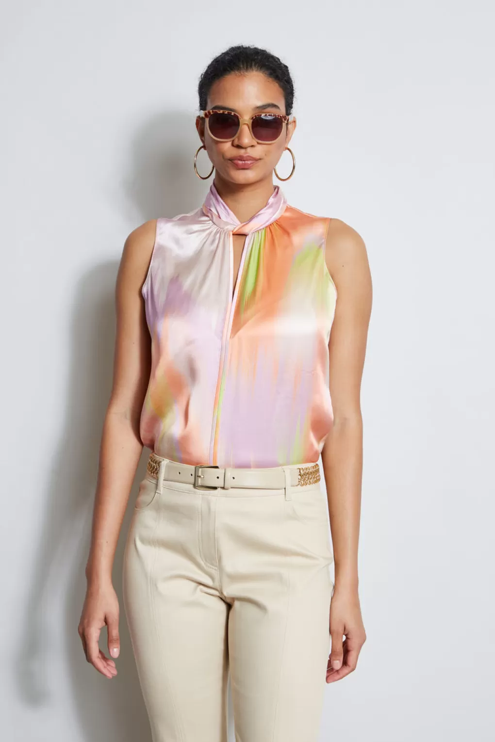 Discount Elie Tahari Silk Satin Sunrise Twist Neck Shirt MULTI