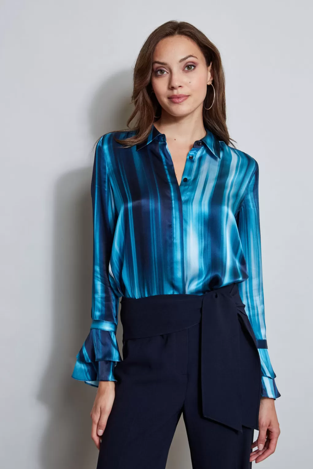 Hot Elie Tahari Silk Satin Watercolor Ribbon Shirt TEAL MULTI