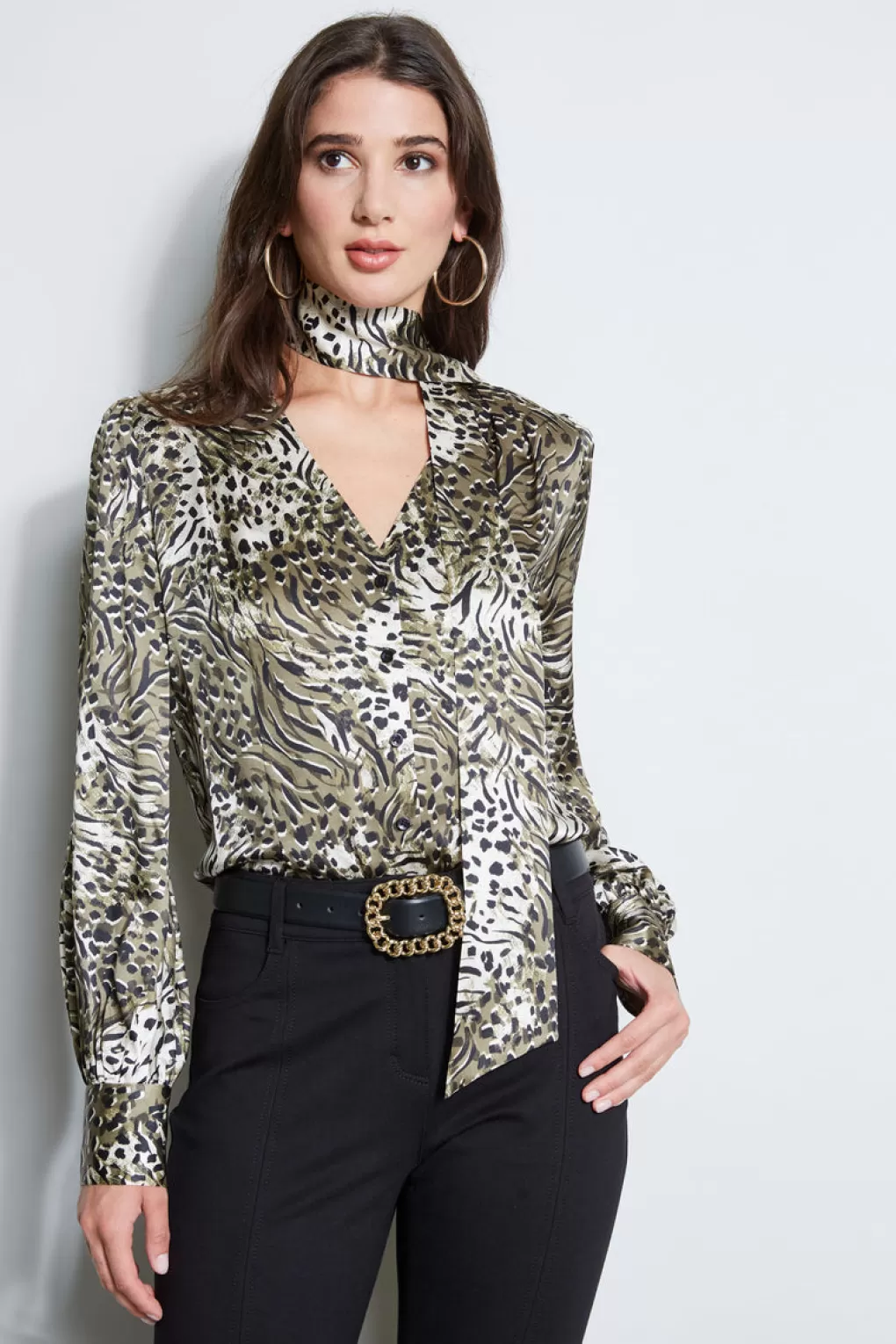 Outlet Elie Tahari Silk Satin Winter Safari Shirt OLIVE MULTI