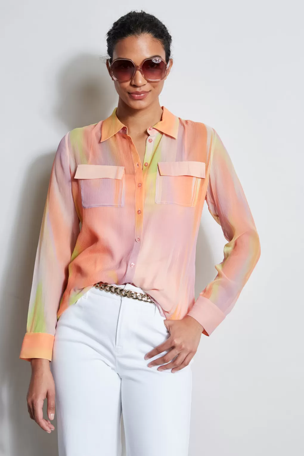 Fashion Elie Tahari Silk Sunrise Utility Shirt MULTI