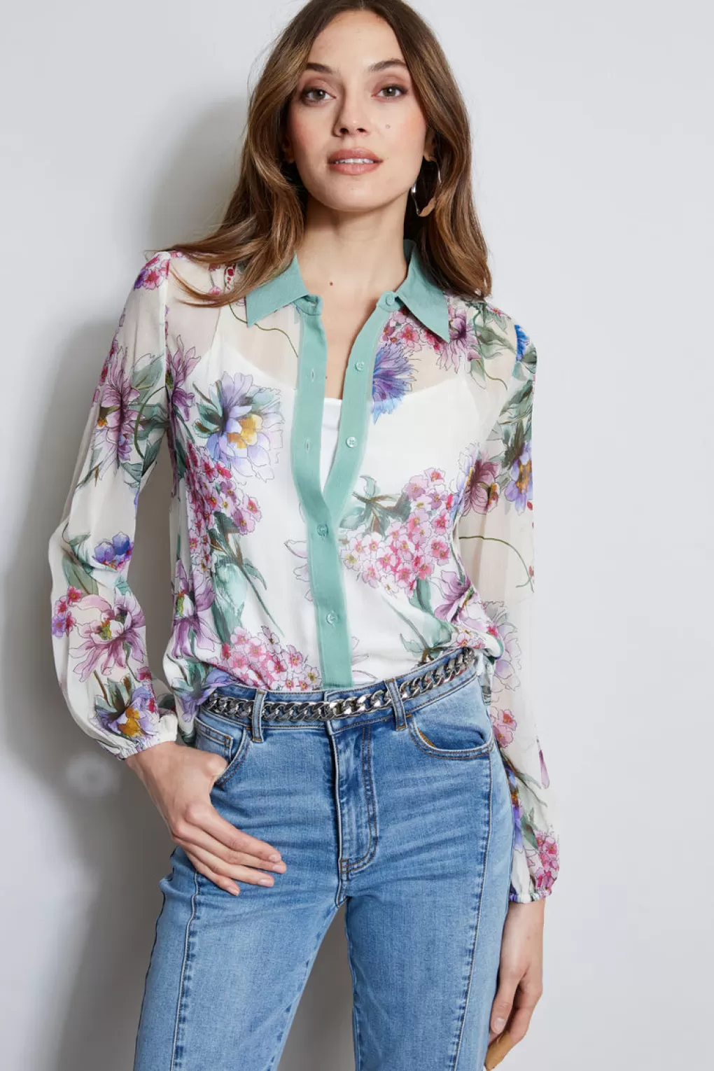 Cheap Elie Tahari Silk Wind Floral Button Down Shirt MULTI