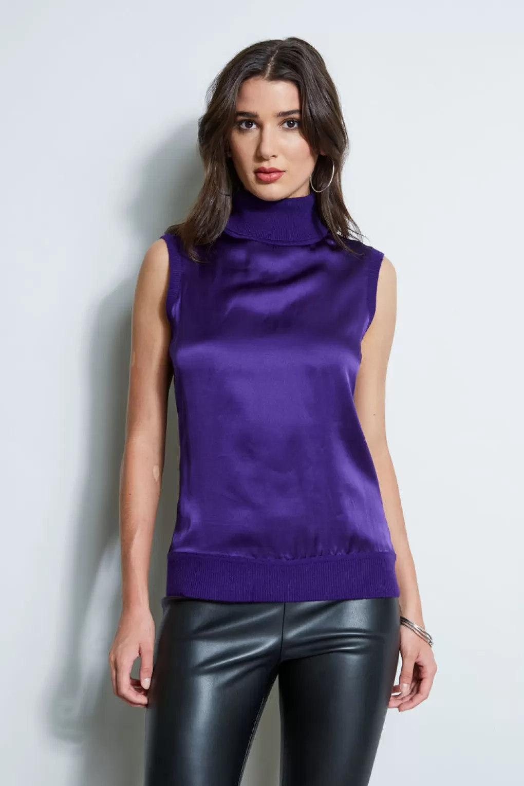 Discount Elie Tahari Sleeveless Satin Front Sweater WINTER PLUM