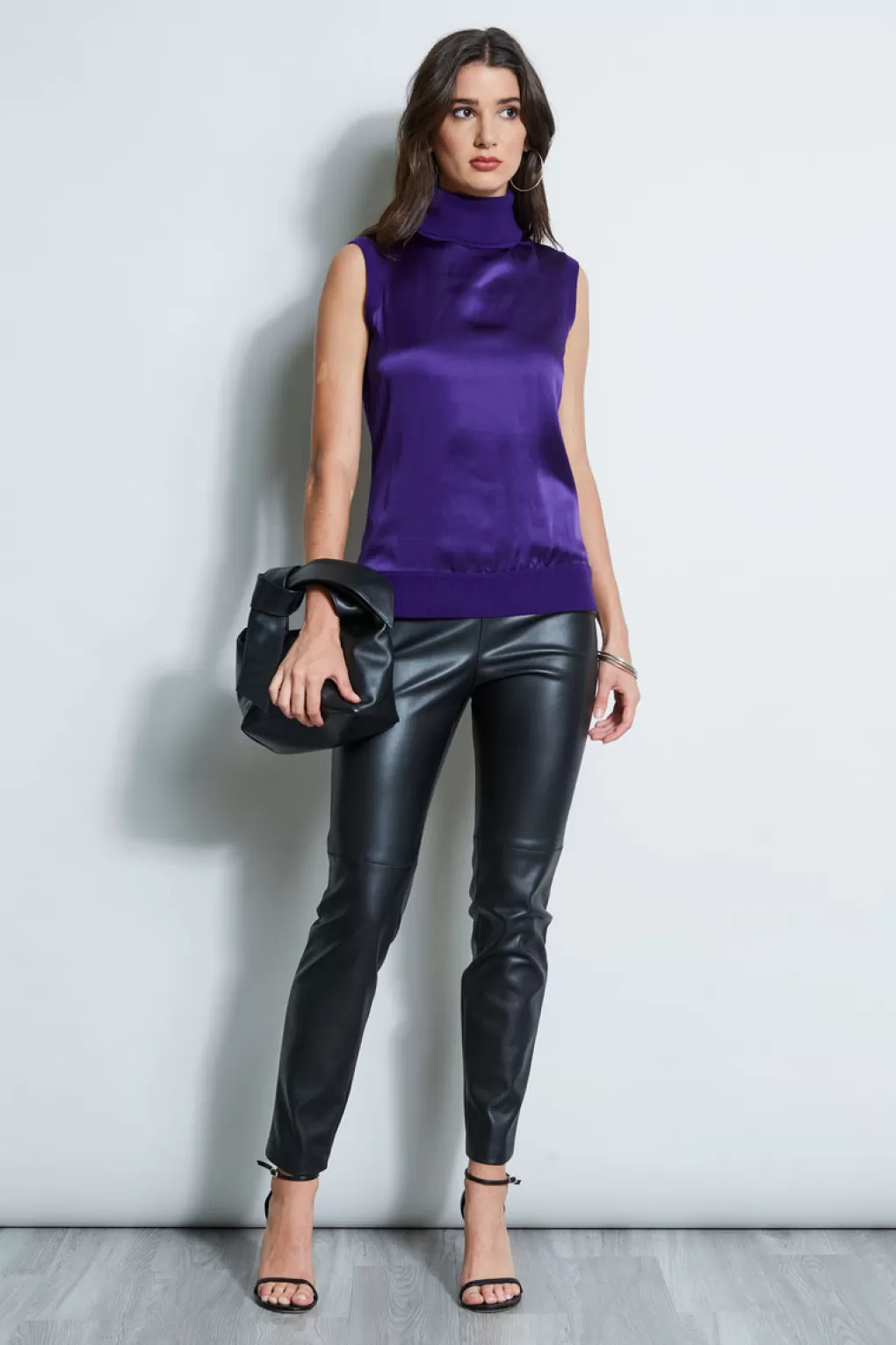 Discount Elie Tahari Sleeveless Satin Front Sweater WINTER PLUM