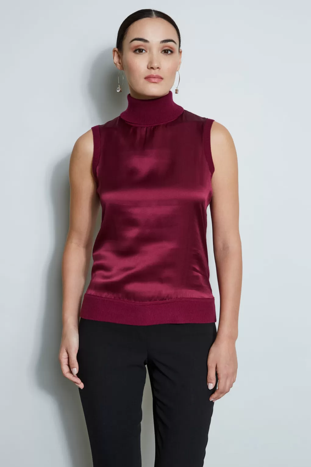 Best Sale Elie Tahari Sleeveless Satin Front Sweater BORDEAUX