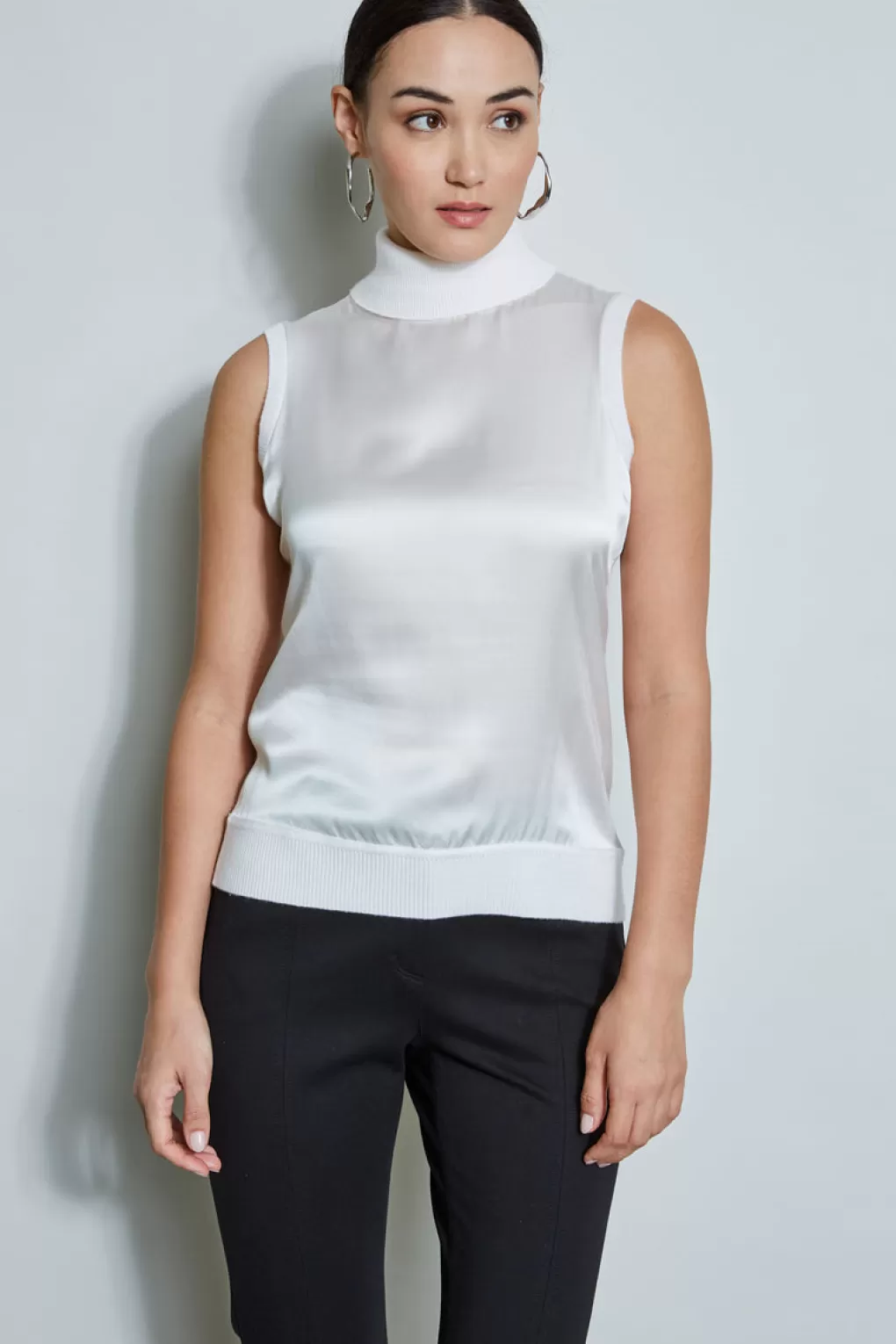 Flash Sale Elie Tahari Sleeveless Satin Front Sweater SNOW