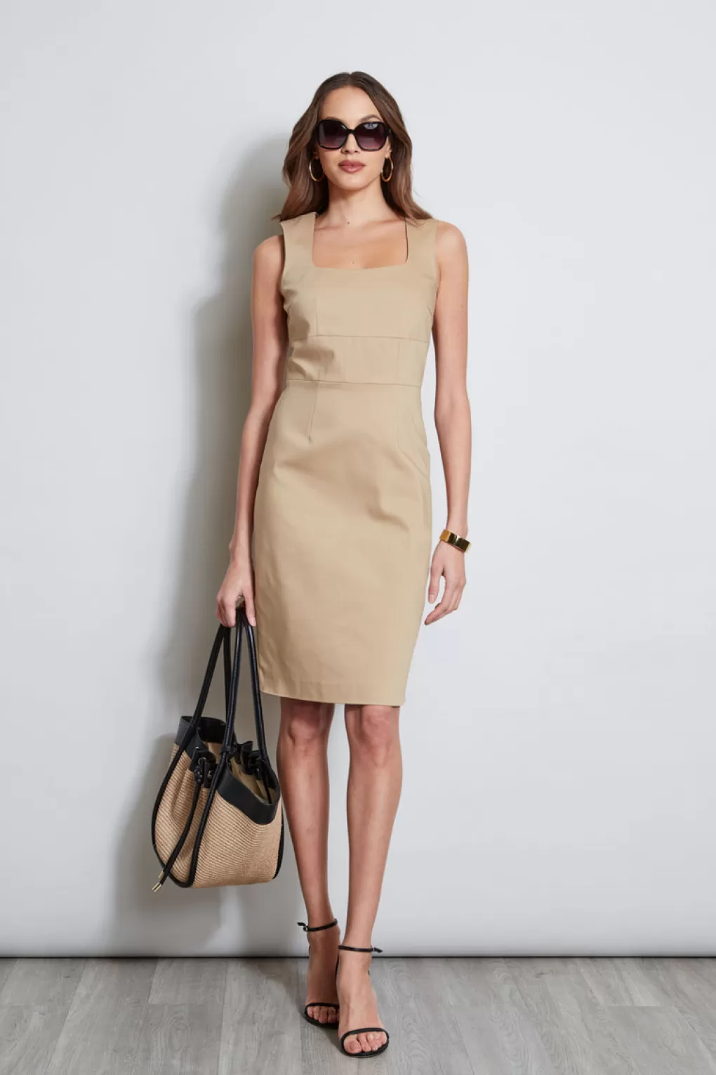 Shop Elie Tahari Square Neck Slim Dress SANDCASTLE