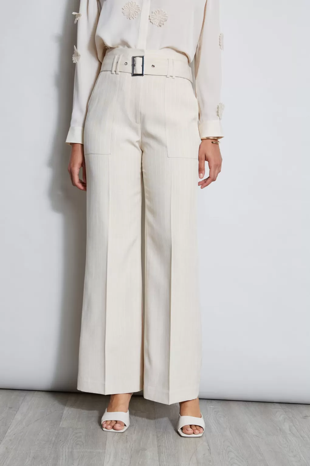 Sale Elie Tahari Stripe Wide Leg Belted Pant SAND AND WHITE STRIPE