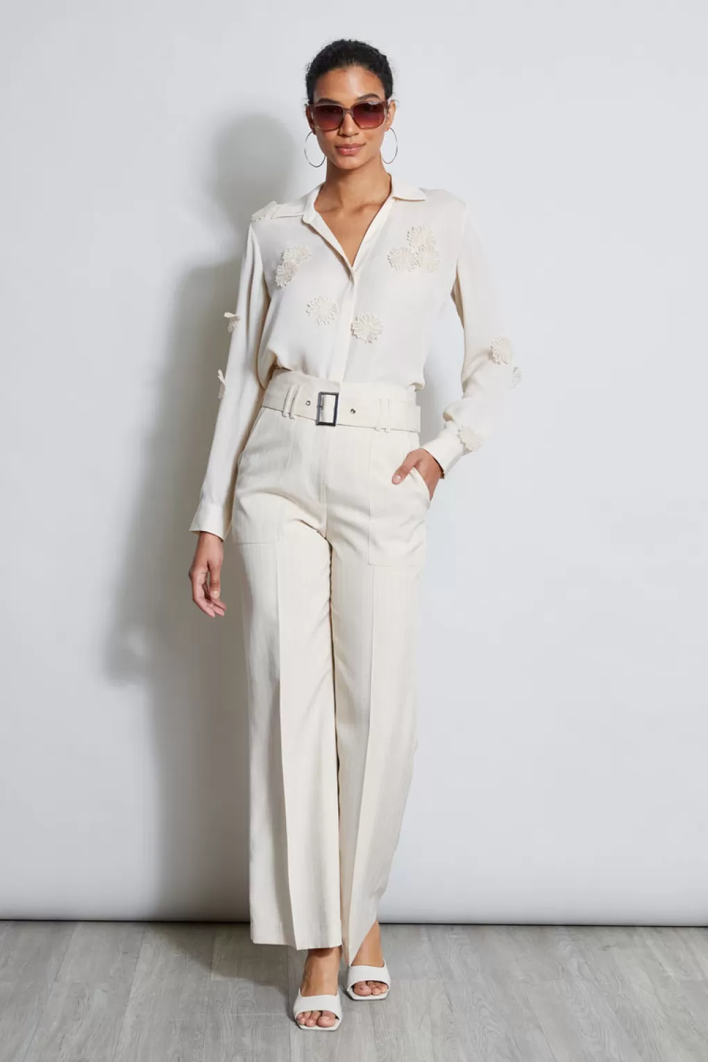 Sale Elie Tahari Stripe Wide Leg Belted Pant SAND AND WHITE STRIPE