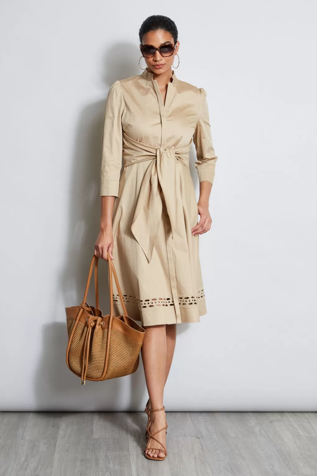 Flash Sale Elie Tahari Tie Cotton Midi Dress SANDCASTLE