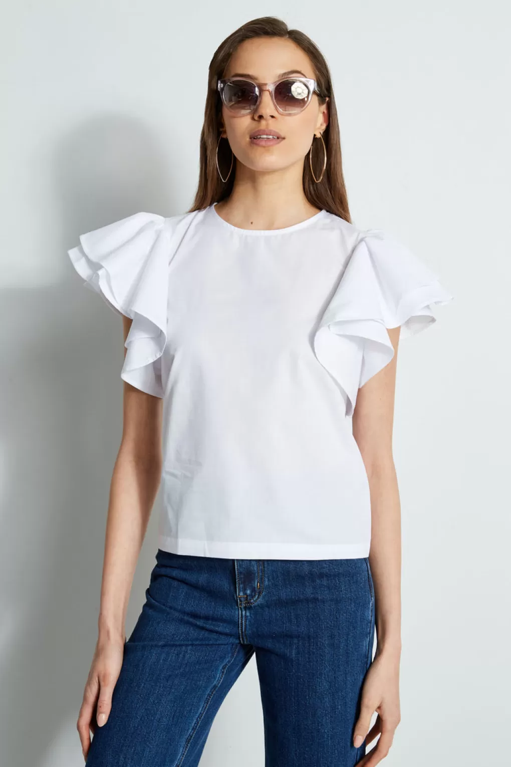 Best Sale Elie Tahari Tiered Flutter Sleeve Cotton Shirt Sky White