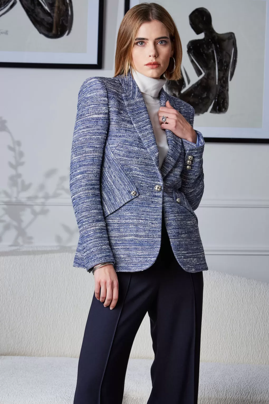 Shop Elie Tahari Tweed Panel Single Button Blazer BLUE MULTI