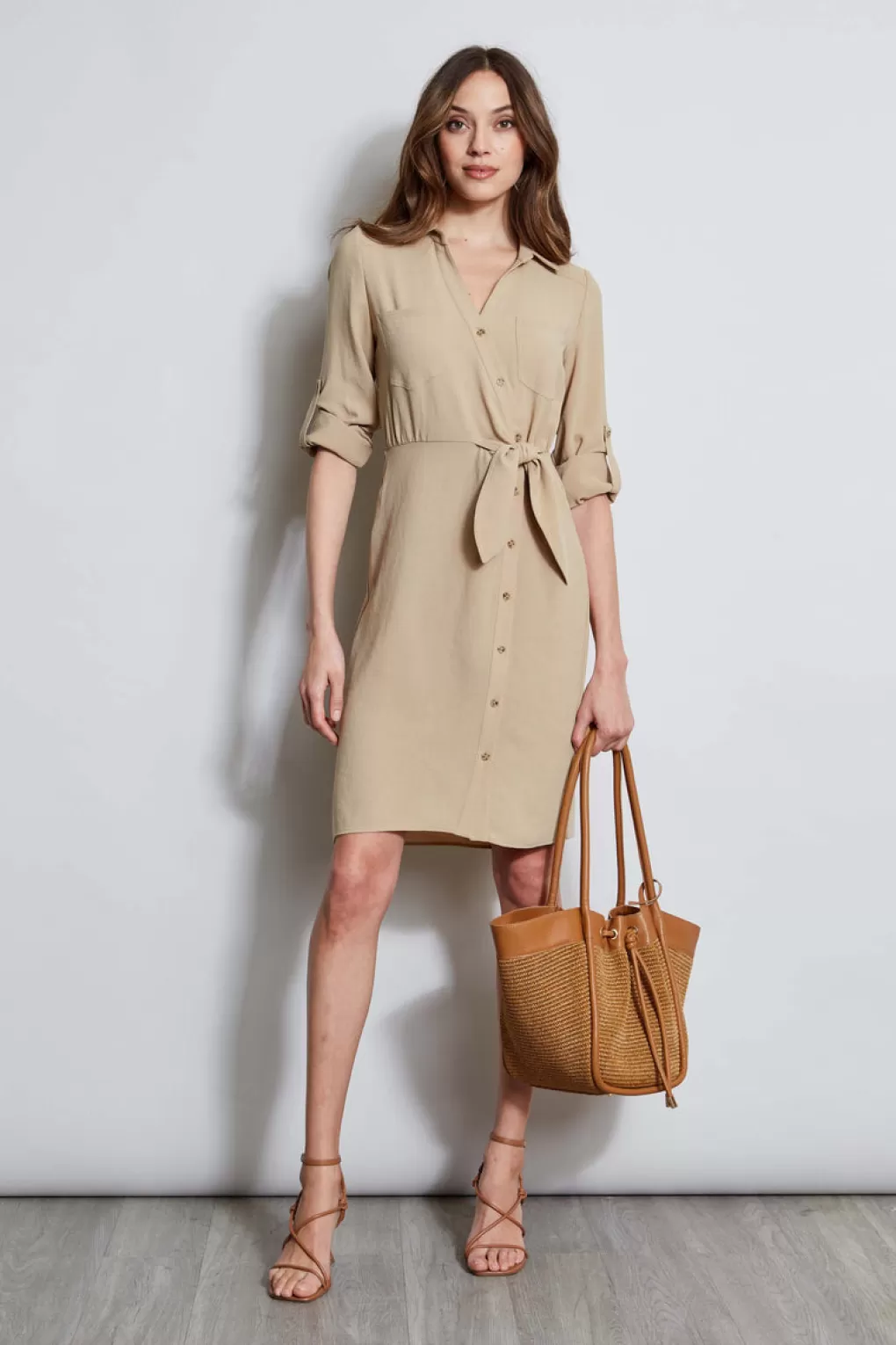 New Elie Tahari Utility Tie Shirt Dress SANDCASTLE