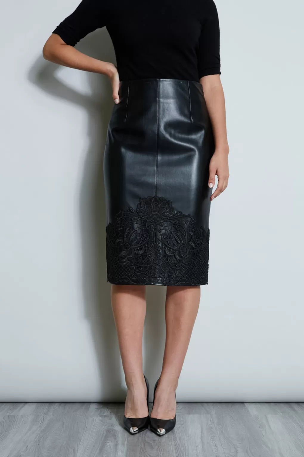 Hot Elie Tahari Vegan Leather Applique Lace Skirt BLACK