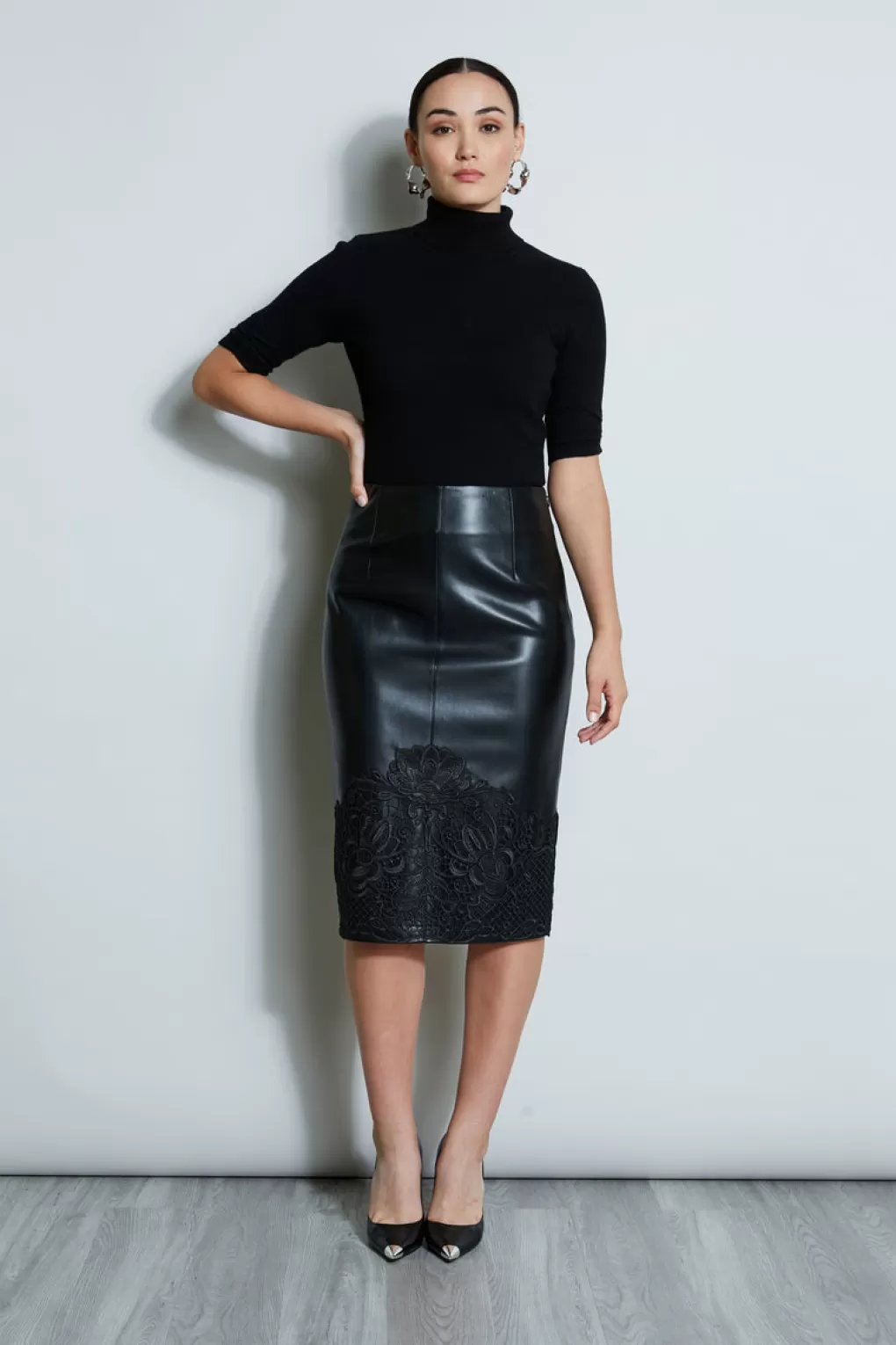 Hot Elie Tahari Vegan Leather Applique Lace Skirt BLACK