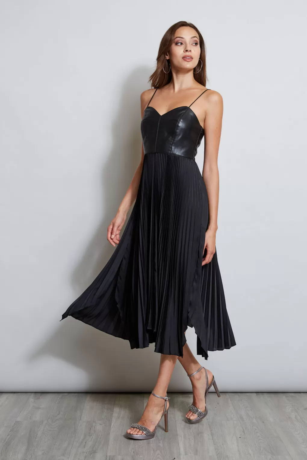 Clearance Elie Tahari Vegan Leather Pleated Dress BLACK