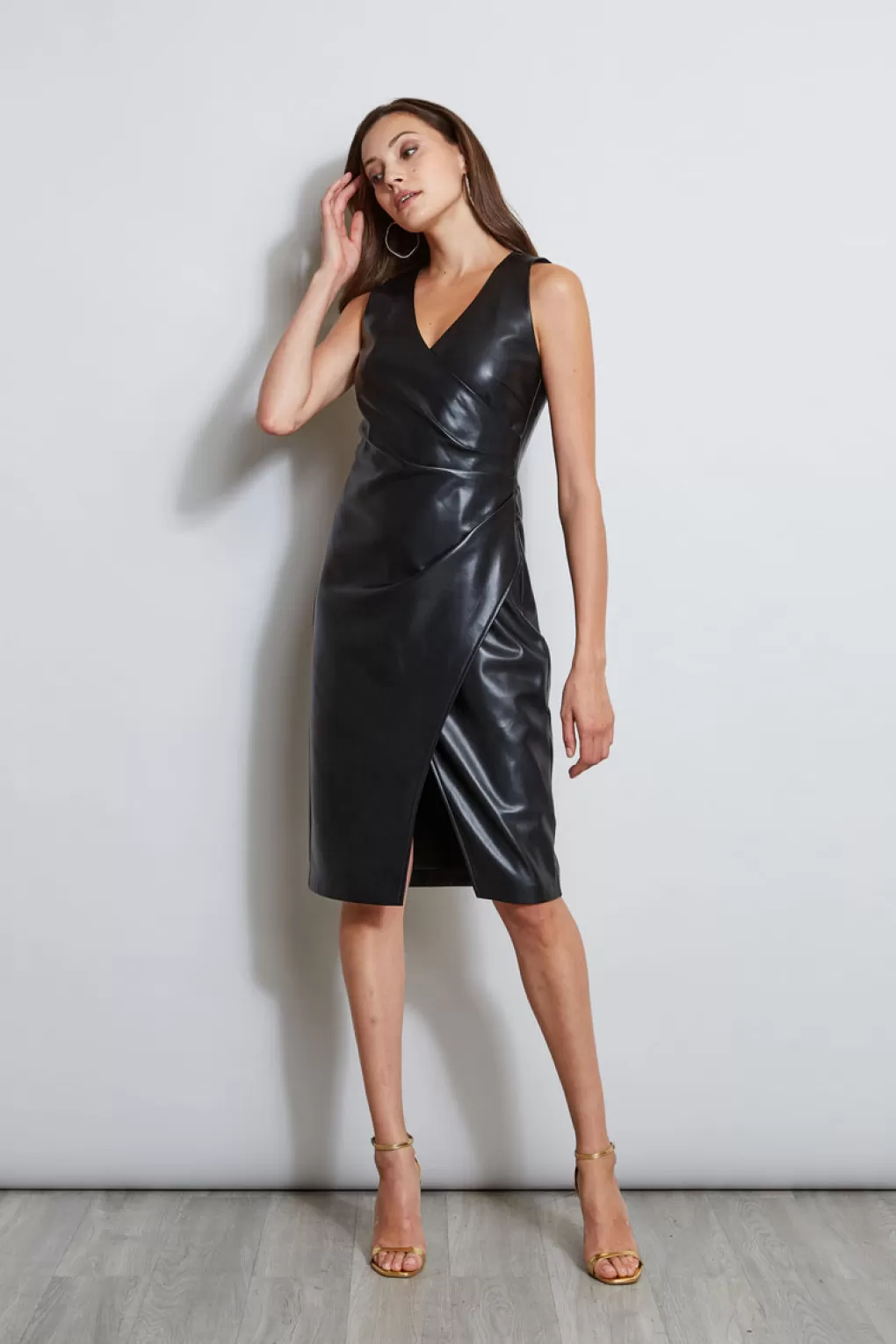 Cheap Elie Tahari Vegan Leather Ruched Wrap Dress NOIR