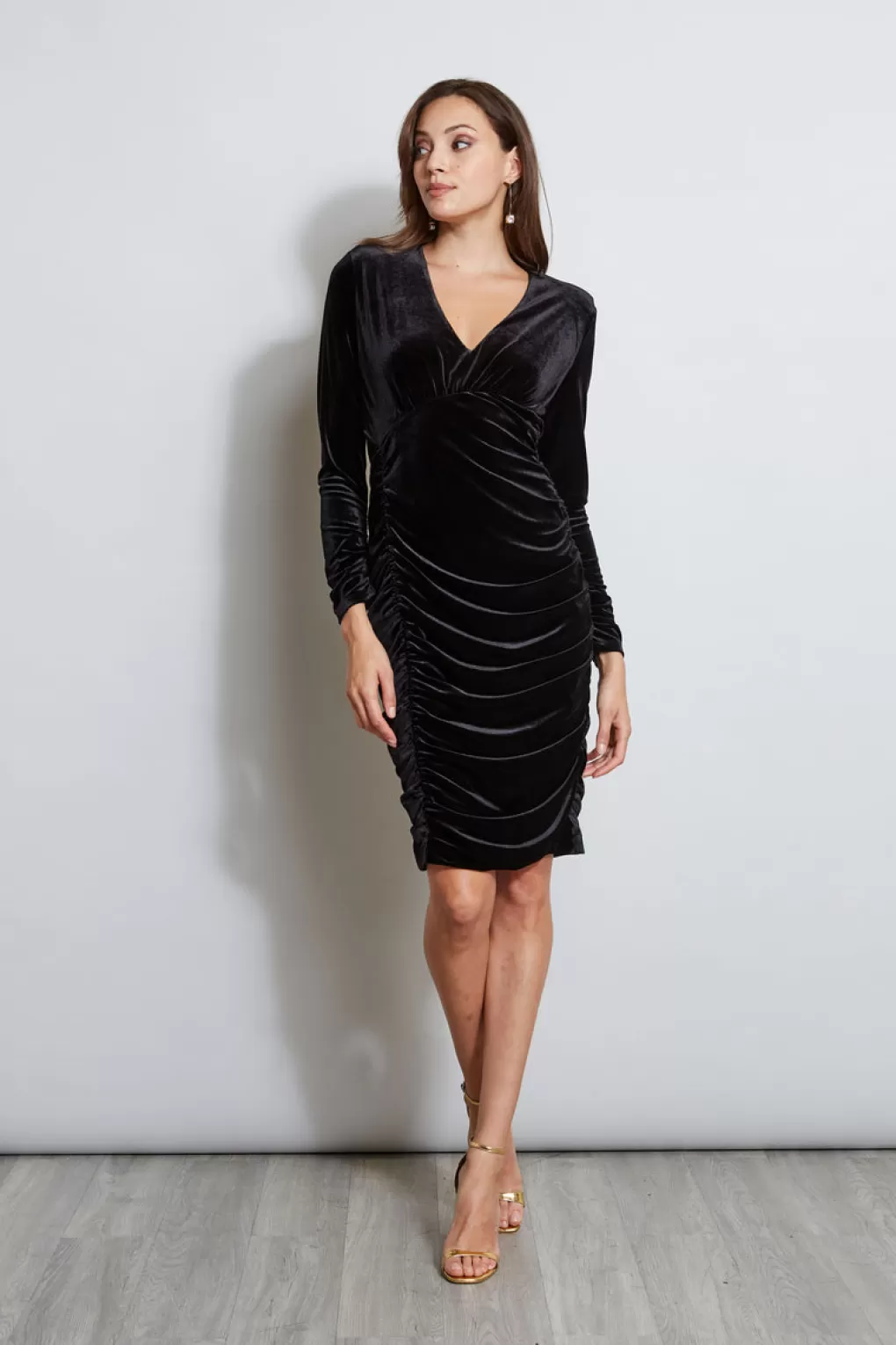 New Elie Tahari V-Neck Ruched Velvet Dress BLACK