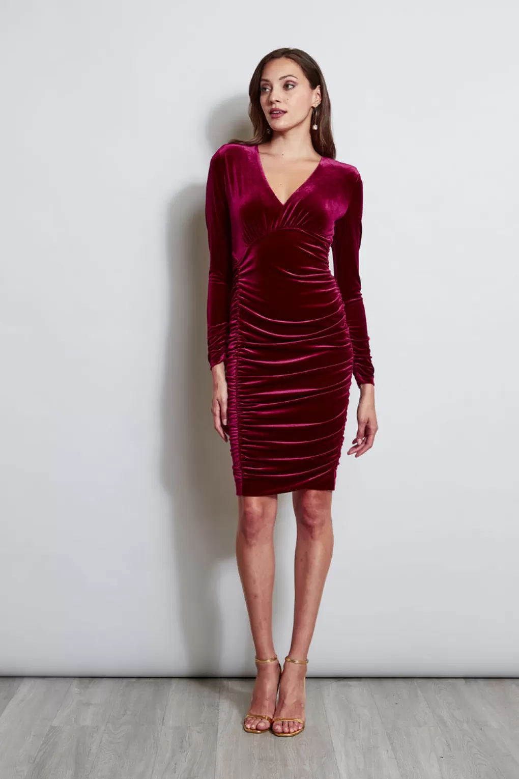 Flash Sale Elie Tahari V-Neck Ruched Velvet Dress BORDEAUX