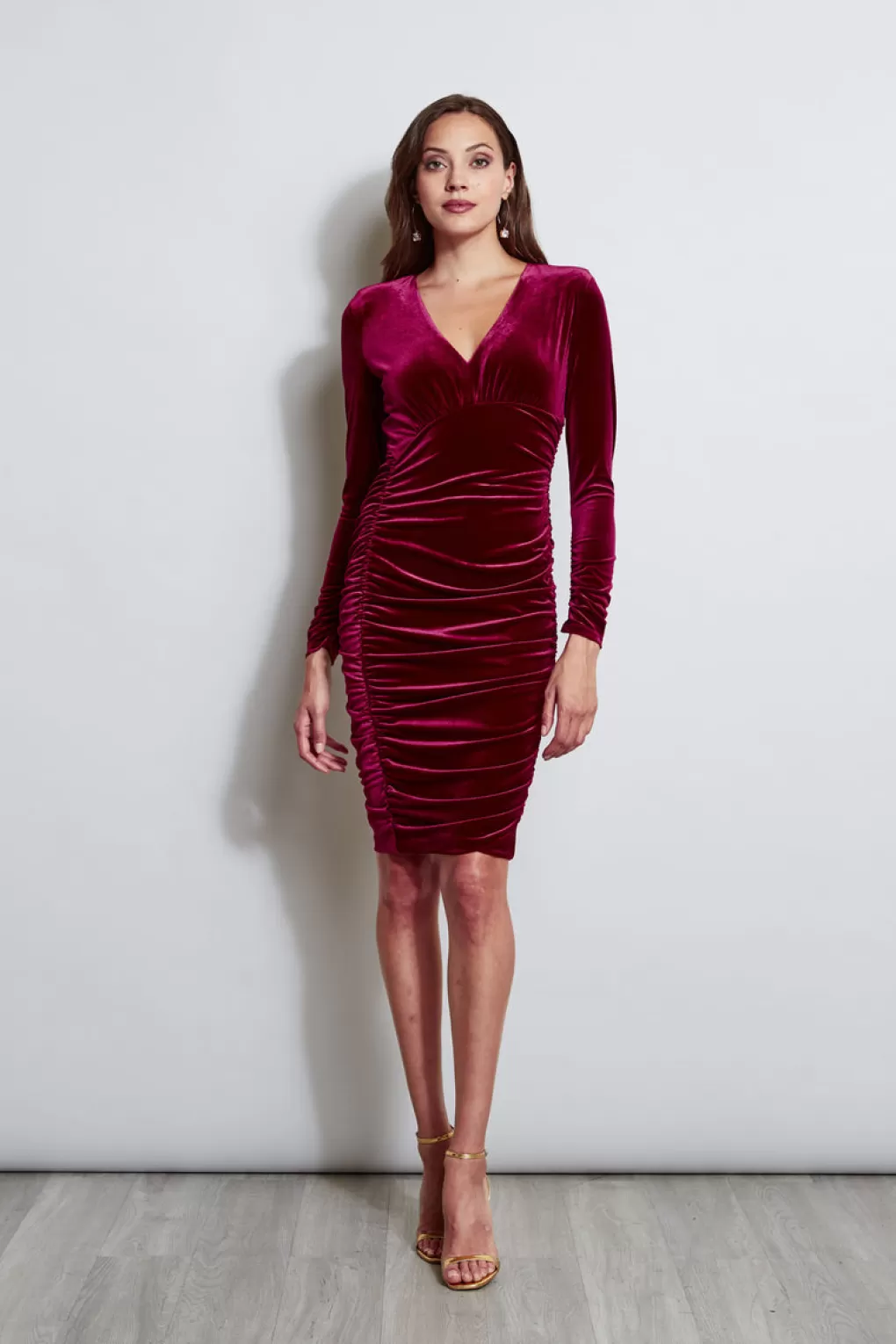 Flash Sale Elie Tahari V-Neck Ruched Velvet Dress BORDEAUX