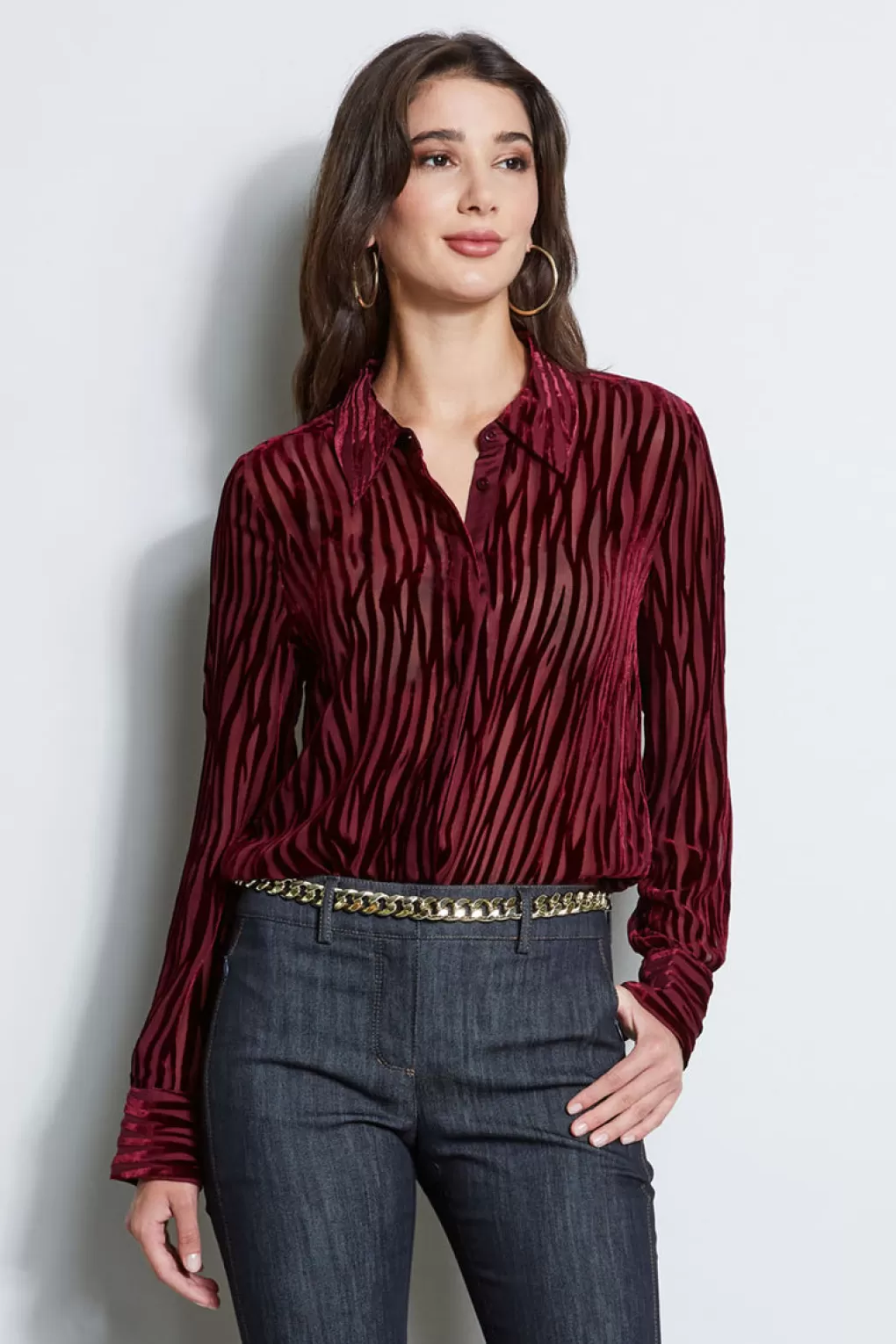 Discount Elie Tahari Zebra Burnout Velvet Shirt BORDEAUX